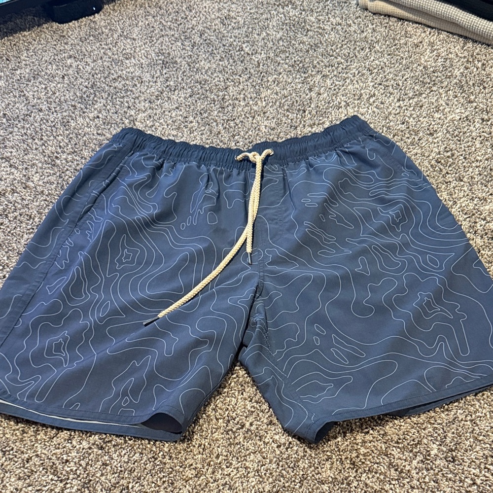 Fair Harbor Anchor Navy Swim Trunks with Topographic Design and Anti-chafe Liner